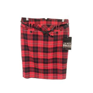 Womens Tracy Evans Ltd Red Plaid Pleated Mini Skirt with Black Belt Size 1 NWT